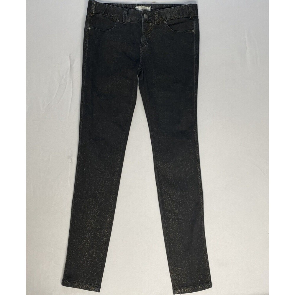 Free People Black Skinny Jean with Gold Glitter Shimmer Animal Print Size 28